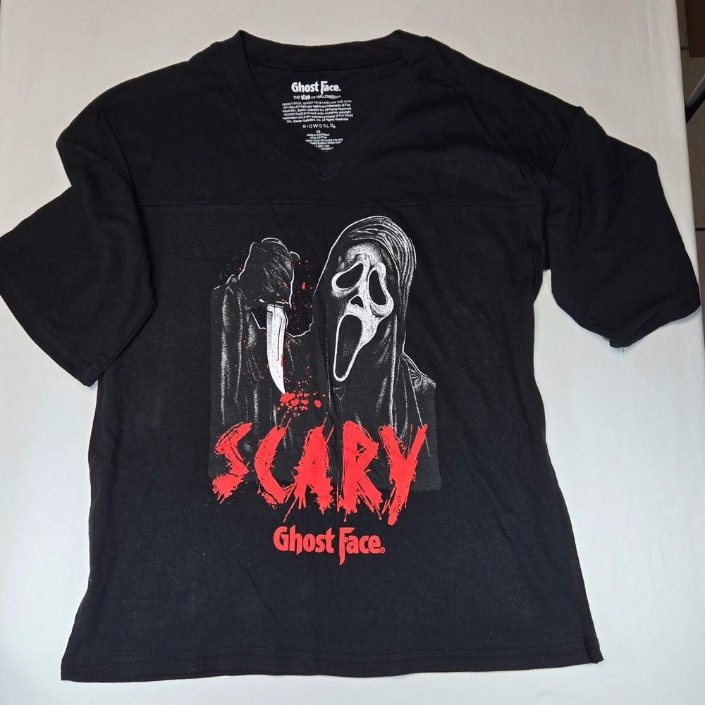 Ghost Face Scary Movie Graphic T-Shirt Bioworld Black V-Neck Horror XS New